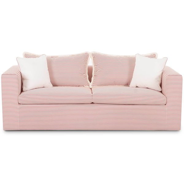Sofa tapicerowana o subtelnym charakterze z miekka linia w odcieniu brazu